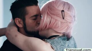 Pink haired shemale lets her stepbrother fuck her wet wazoo