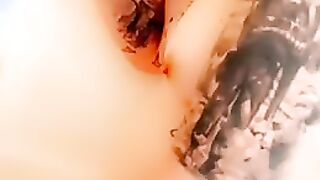 Trans courtesan sucks huge sextoy and gets herself off in the hot bath