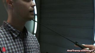 Hot latex shemale dominates man