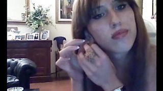 Exciting soloing transsexual stimulates her good cock in the bed